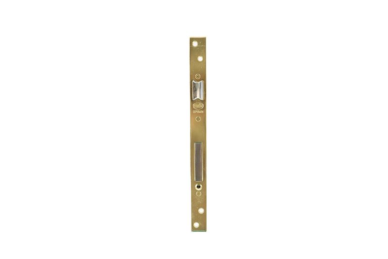 Cerradura de empotrar con manecilla y placa Amig Sinsa, contrafrontal metálico dorado con ranuras y orificios de fijación