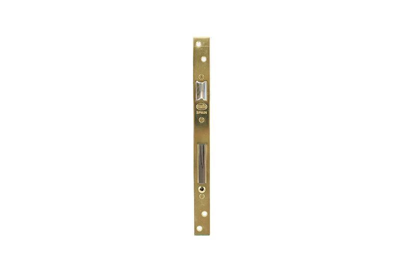 Cerradura de empotrar con manecilla y placa Amig Sinsa, vista frontal del contrafrontal metálico dorado con perforaciones