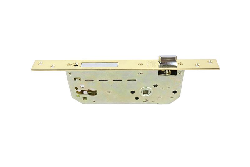 Cerradura de empotrar con manecilla y placa Amig Sinsa, vista frontal del mecanismo interno y pestillo metálico