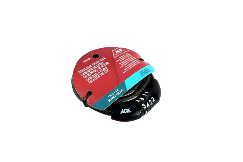 Cable de seguridad con llave para bicicleta zinc 4 pies Ace, envuelto en su empaque circular con etiquetas informativas
