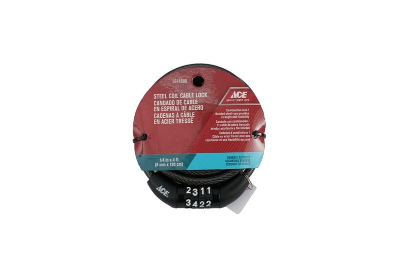 Cable de seguridad con llave para bicicleta zinc 4 pies Ace, enrollado en empaque circular rojo con detalles en azul