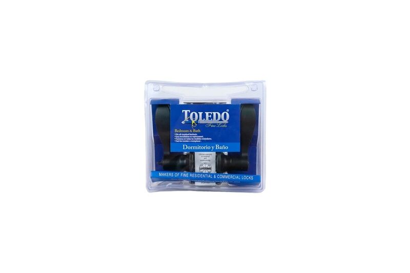 Cerradura manecilla baño Jaén negra Toledo, producto en empaque plástico transparente con tarjeta azul y blanca
