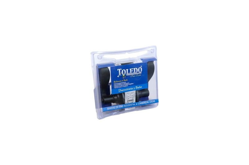 Cerradura manecilla baño Jaen negra Toledo, producto en su empaque plástico transparente con etiqueta azul