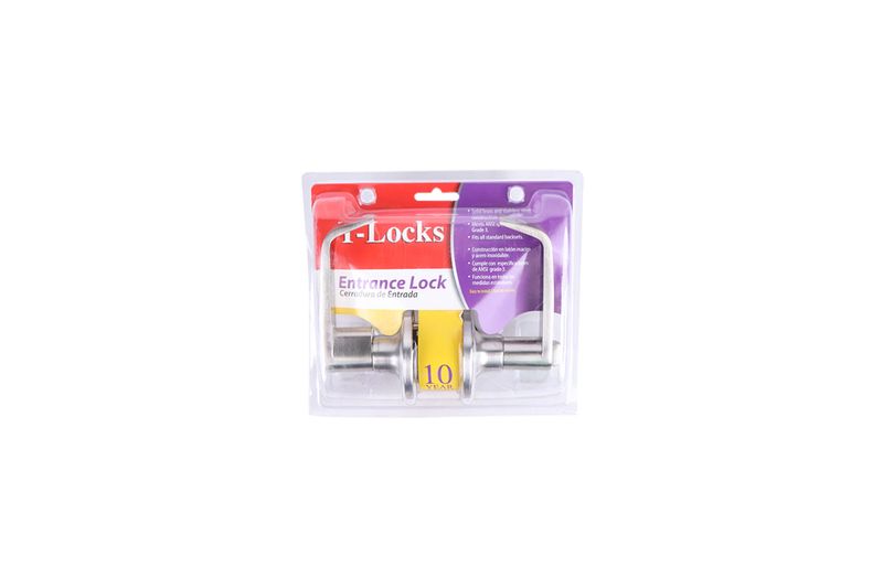 Cerradura manecilla entrada acero inoxidable T-Locks, producto en su empaque plástico transparente con tarjeta roja