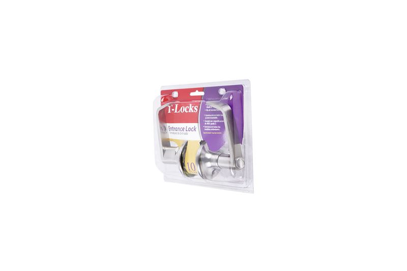 Cerradura manecilla entrada acero inoxidable T-Locks, producto en su empaque plástico transparente con tarjeta roja