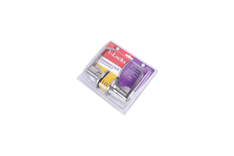Cerradura manecilla entrada acero inoxidable T-Locks, empaque plástico transparente con tarjeta roja y accesorios