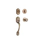 Cerradura pichel Belleview llave/mariposa bronce antiguo Kwikset, kit de piezas desglosadas sobre fondo blanco