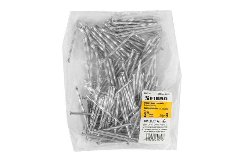 Clavo para concreto 3 pulgadas galvanizado bolsa 1 kg 150 unidades Fiero, empaque transparente con clavos y etiqueta frontal