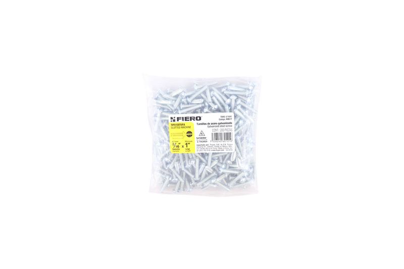 Perno cabeza de ranura 3/16 x 1 bolsa 200 piezas Fiero, empaque plástico transparente con etiqueta amarilla y blanca