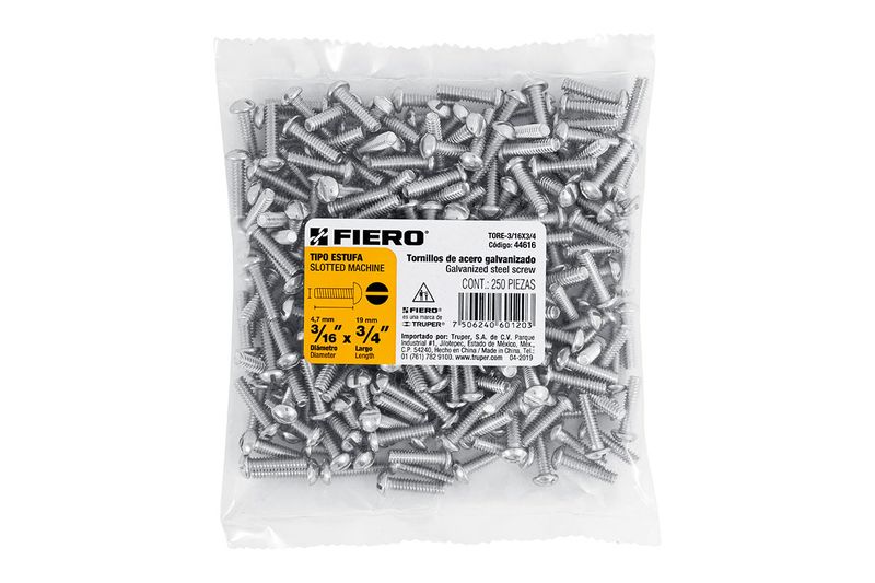 Perno cabeza de ranura 3/16 x 3/4 bolsa 250 piezas Fiero, empaque plástico transparente con etiqueta informativa blanca