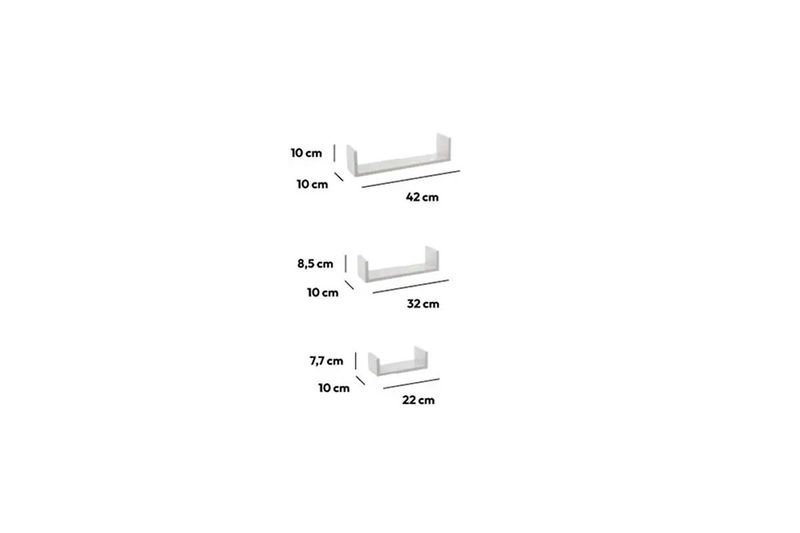 Set repisa de madera blanco 3 piezas 5five, gráfico con las dimensiones de ancho y alto de cada una de las tres repisas