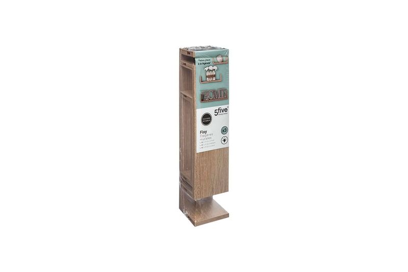Set repisa de madera oak 3 pzs 5five, producto en su empaque plástico con etiqueta frontal informativa
