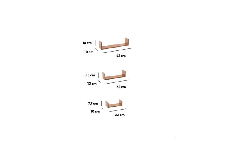 Set repisa de madera oak 3 piezas 5five, gráfico con las dimensiones de largo, alto y profundidad de cada repisa