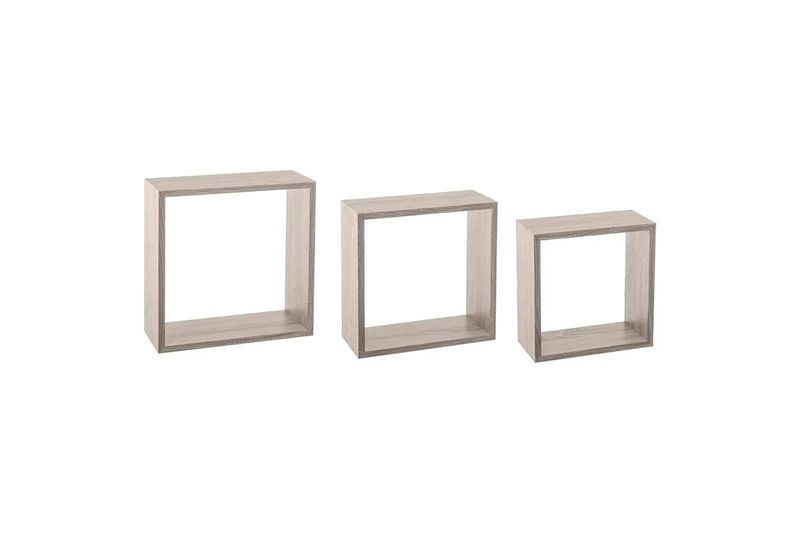 Set repisa de madera cube gris 3 piezas 5five, tres estantes cuadrados de diferentes tamaños en perspectiva frontal