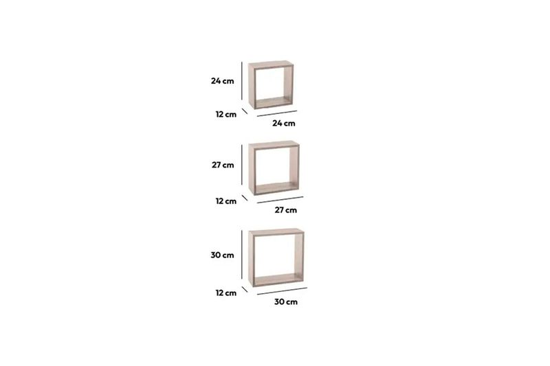 Set repisa de madera Cube gris 3 piezas 5five, gráfico con dimensiones de ancho, alto y profundidad de cada repisa