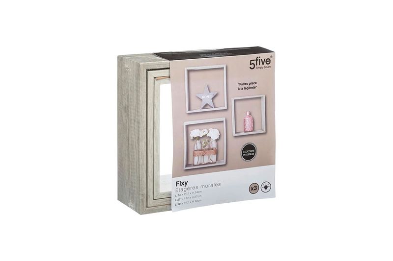 Set repisa de madera cube gris 3 pzs 5five, empaque de cartón con ventana transparente e imágenes decorativas