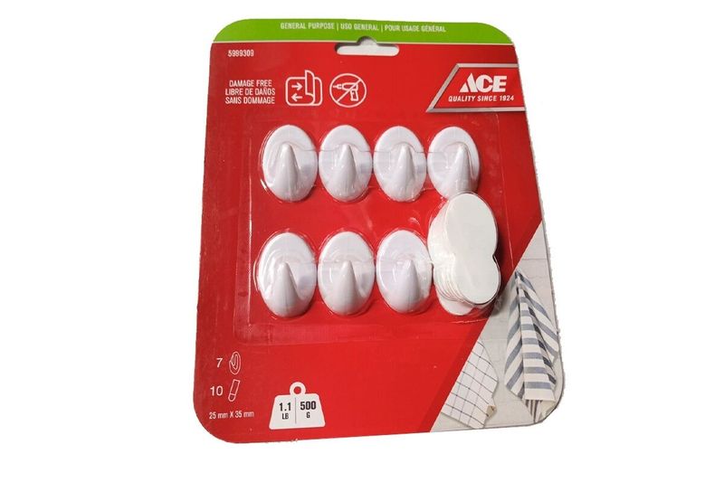 Gancho plástico adhesivo 7 ganchos + 7 tiras 1.1 lbs blanco Ace, set en empaque blister rojo con ganchos blancos