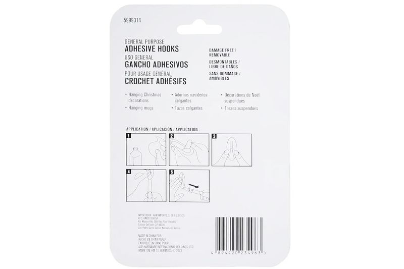 Gancho plástico adhesivo 3 ganchos + 4 tiras 1 kg blanco Ace, parte posterior del empaque con guía de aplicación