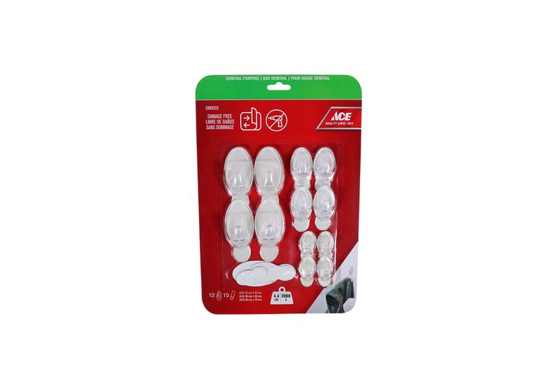 Gancho plástico adhesivo 12 ganchos + 15 tiras transparente Ace, kit en empaque blister rojo y verde