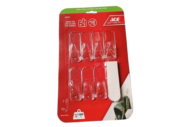 Gancho plástico adhesivo 7 ganchos + 10 tiras 2 kg transparente Ace, set en empaque rojo con ganchos y tiras blancas
