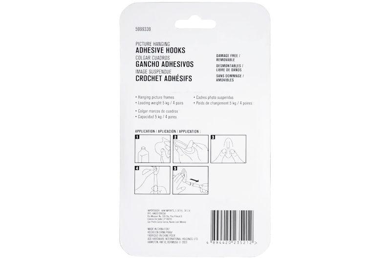 Tiras adhesivas 12 pares 5 kg blanco Ace, reverso del empaque con instrucciones de aplicación y texto informativo