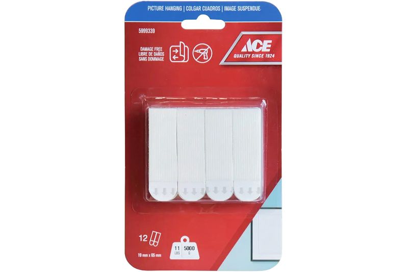 Tiras adhesivas 12 pares 5 kg blanco Ace, empaque blíster con tiras blancas y tarjeta roja informativa