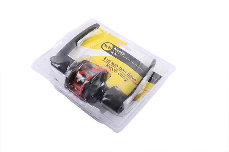 Cerradura manecilla entrada redonda Dover negro Yale, producto en empaque plástico transparente con inserto amarillo