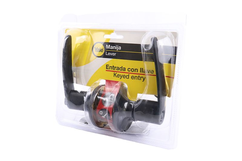 Cerradura manecilla entrada redonda Dover negro Yale, empaque plástico transparente con inserto amarillo y negro