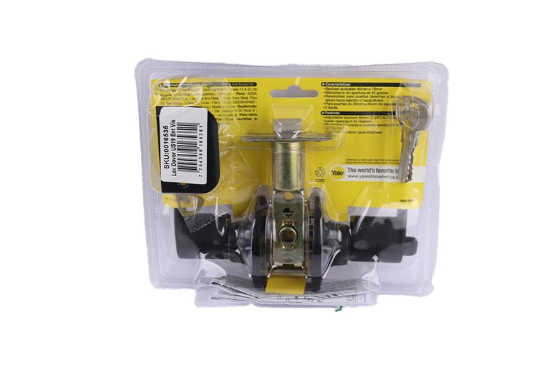 Cerradura manecilla entrada redonda Dover negro Yale, empaque plástico transparente con detalles técnicos en amarillo