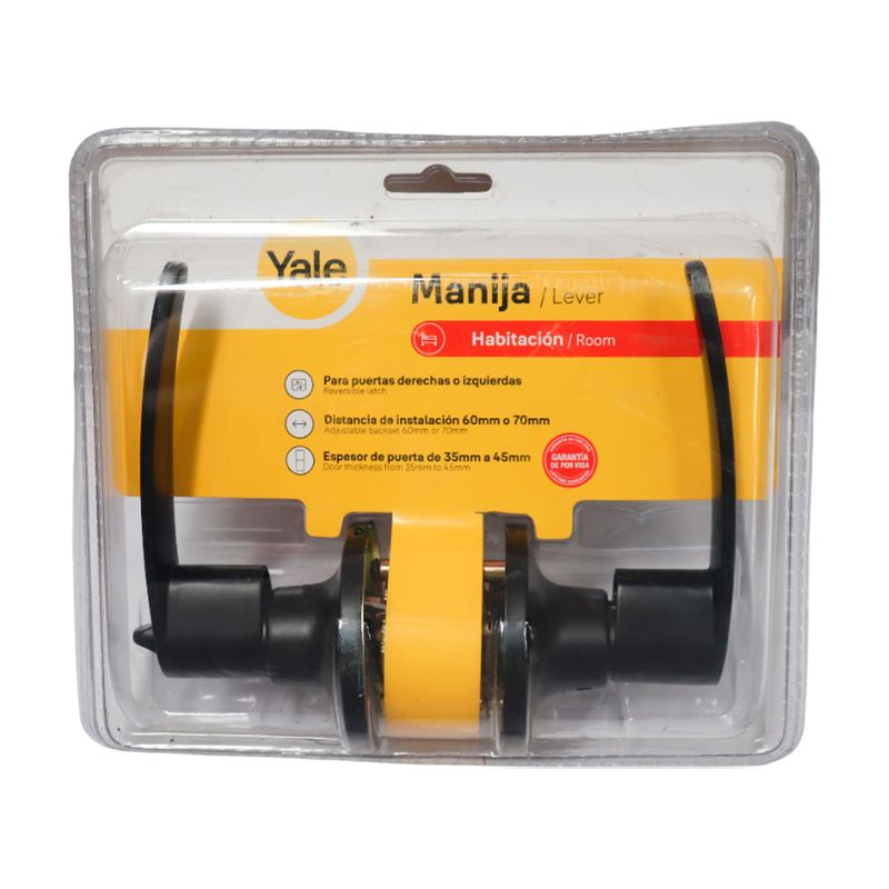 Cerradura manecilla entrada redonda Dover negro Yale, vista frontal del producto en su empaque plástico transparente