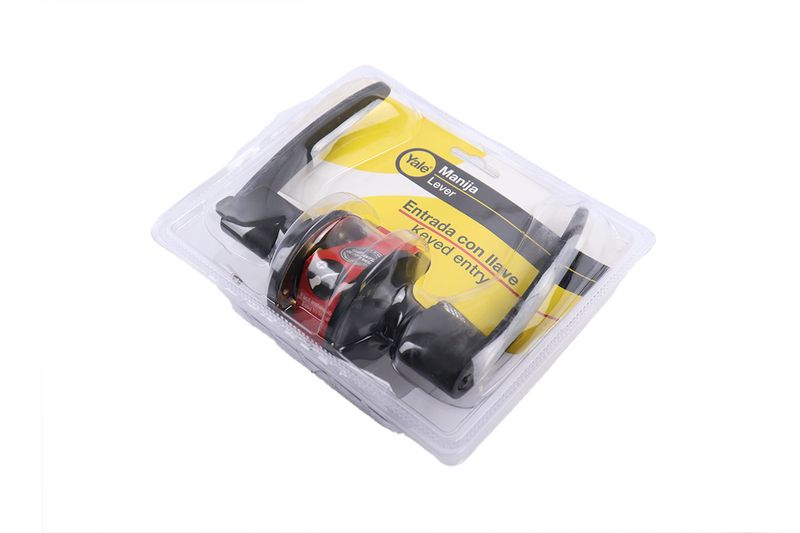 Cerradura manecilla entrada redonda Dover negro Yale, producto en su empaque plástico transparente con base amarilla