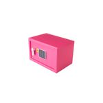 Caja seguridad con alcancía pequeña rosada Yale, vista en perspectiva del teclado numérico y la ranura superior