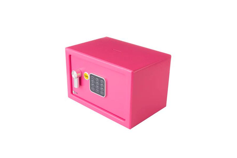 Caja seguridad con alcancía pequeña rosada Yale, vista en perspectiva del teclado numérico y la ranura superior