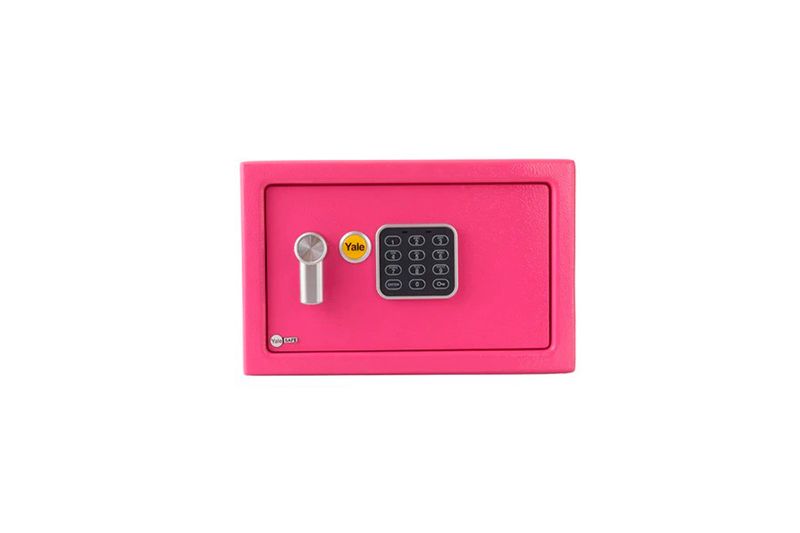 Caja seguridad con alcancía pequeña rosada Yale, vista frontal con teclado numérico y cerradura plateada