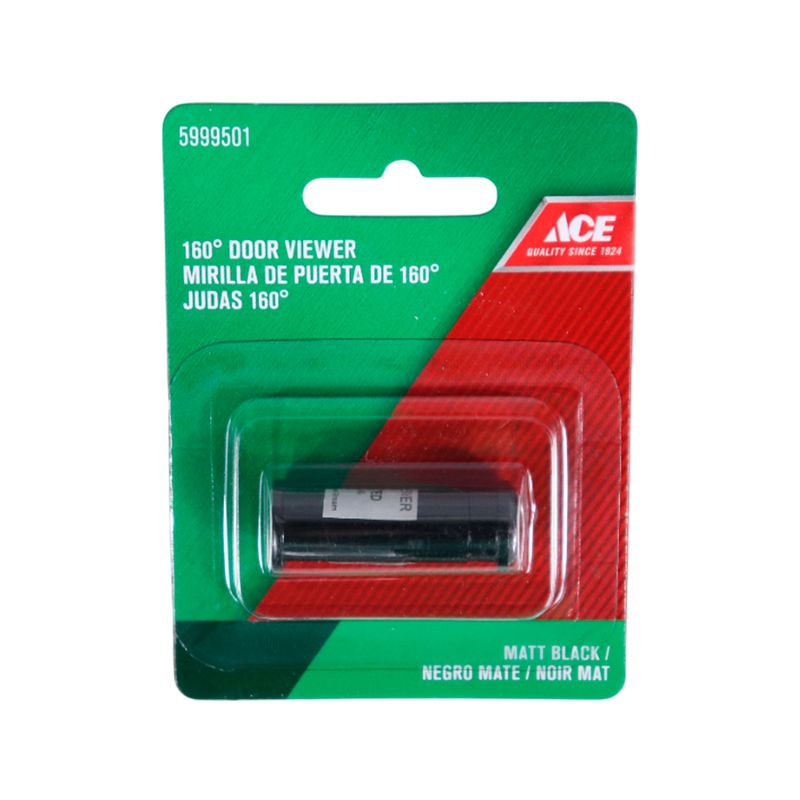 Visor de puerta 160° Ace satinado negro mate, en su empaque plástico con cartón verde y rojo