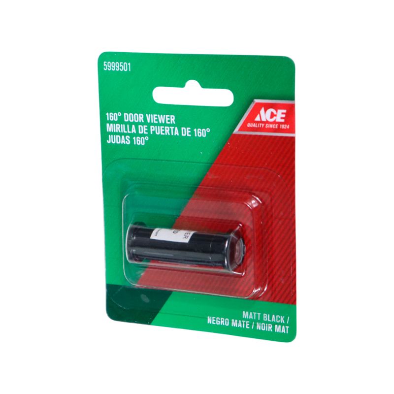 Visor de puerta 160° Ace satinado negro mate, producto en su empaque plástico con cartón verde y rojo