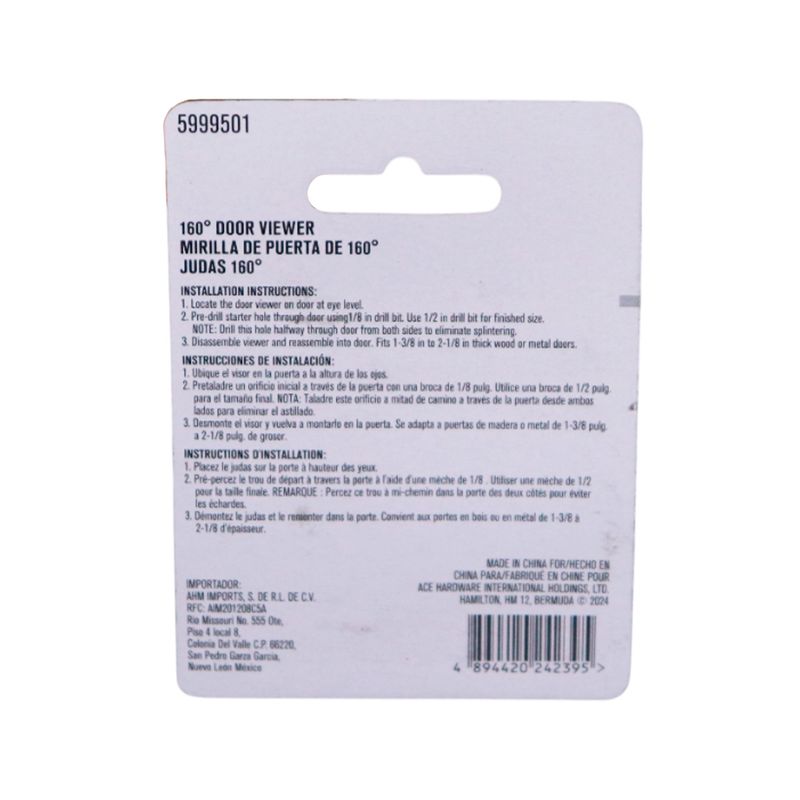 Visor de puerta 160° Ace satinado negro mate, empaque blanco con instrucciones de instalación en español e inglés