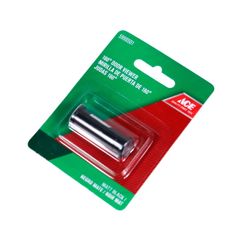 Visor de puerta 160° Ace satinado negro mate, producto en su empaque plástico con cartón rojo y verde