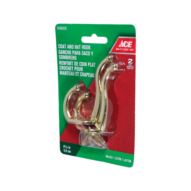Gancho para ropa abrigo y sombrero 2 piezas 2 5/16 pulgadas dorado Ace, empaque blister con tornillos de fijación