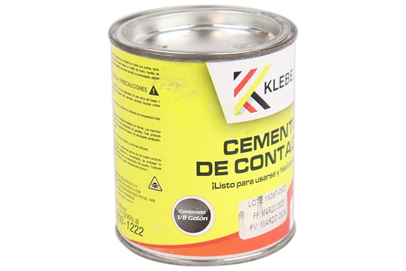 Pegamento cemento de contacto amarillo Klebe de 8 onzas, primer plano de la lata metálica con etiqueta amarilla y roja