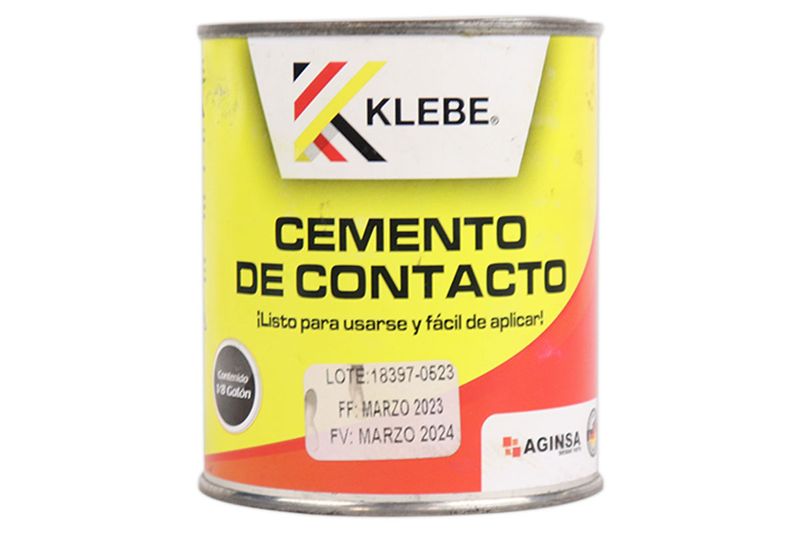 Pegamento cemento de contacto amarillo Klebe de 8 onzas, envase cilíndrico metálico con etiqueta amarilla y roja