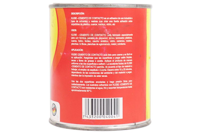 Pegamento cemento de contacto amarillo Klebe de 8 onzas, vista posterior de la lata con instrucciones y código de barras