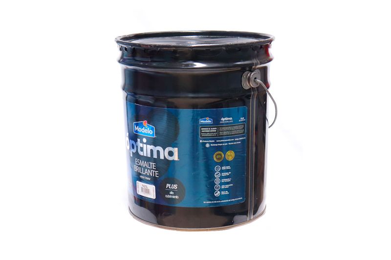 Base aceite brillante óptima modelo pastel cubeta Modelo, vista lateral del envase metálico con etiqueta azul