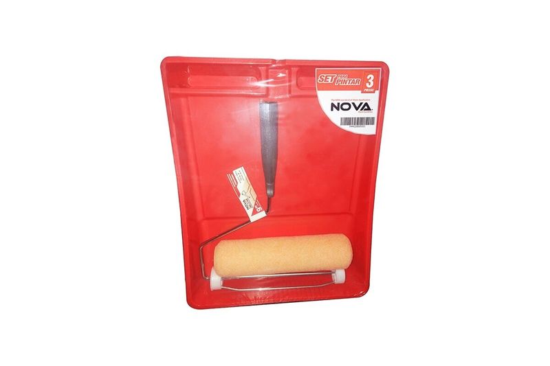 Accesorios para pintar de 3 piezas Nova Básico, set compuesto por bandeja, rodillo y brocha en color rojo