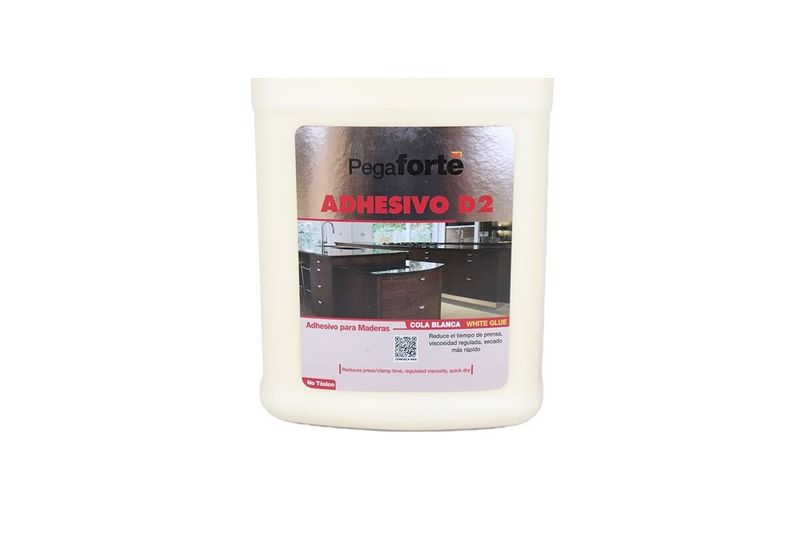 Adhesivo para madera Pegaforte D2 blanco, envase plástico blanco con etiqueta frontal y código QR