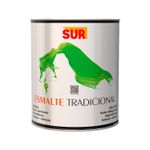 Pintura esmalte tradicional blanco brillante galón Sur, envase metálico con etiqueta blanca y salpicadura de pintura verde