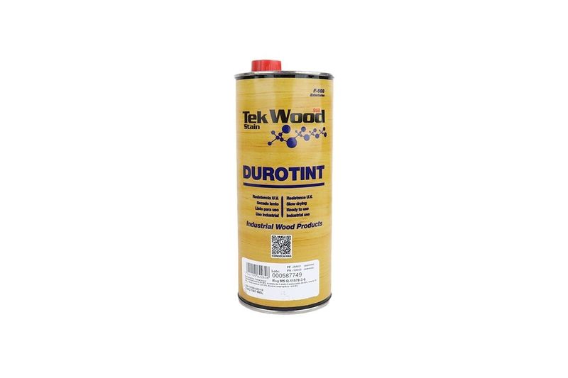 Tinte para madera exterior Duro Tint Sur miel mate estándar, envase cilíndrico metálico con etiqueta amarilla y tapa roja