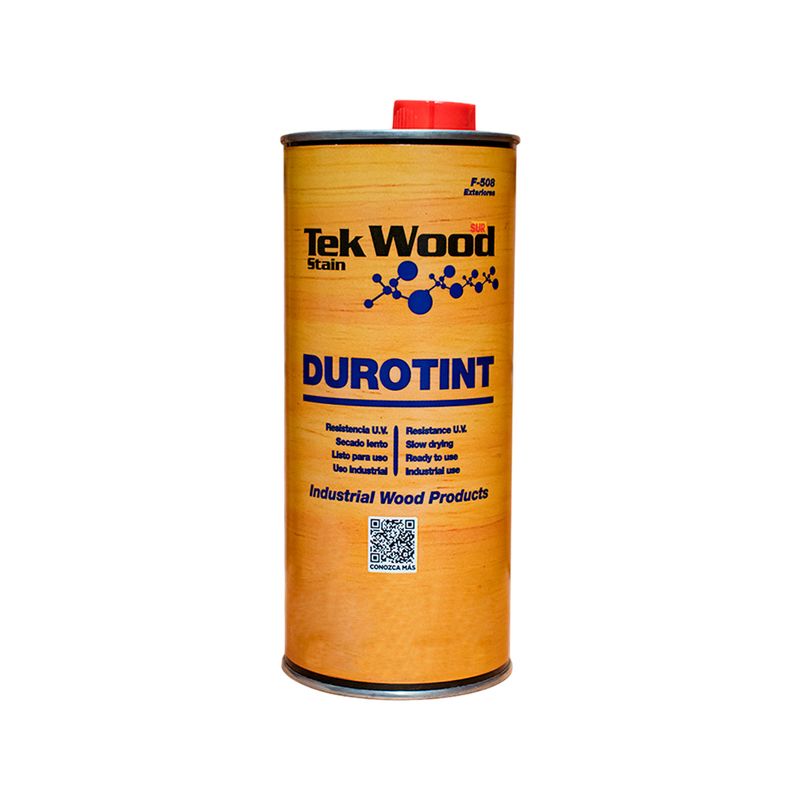 Tinte para madera exterior Duro Tint Sur nogal claro mate estándar, envase metálico cilíndrico con etiqueta amarilla