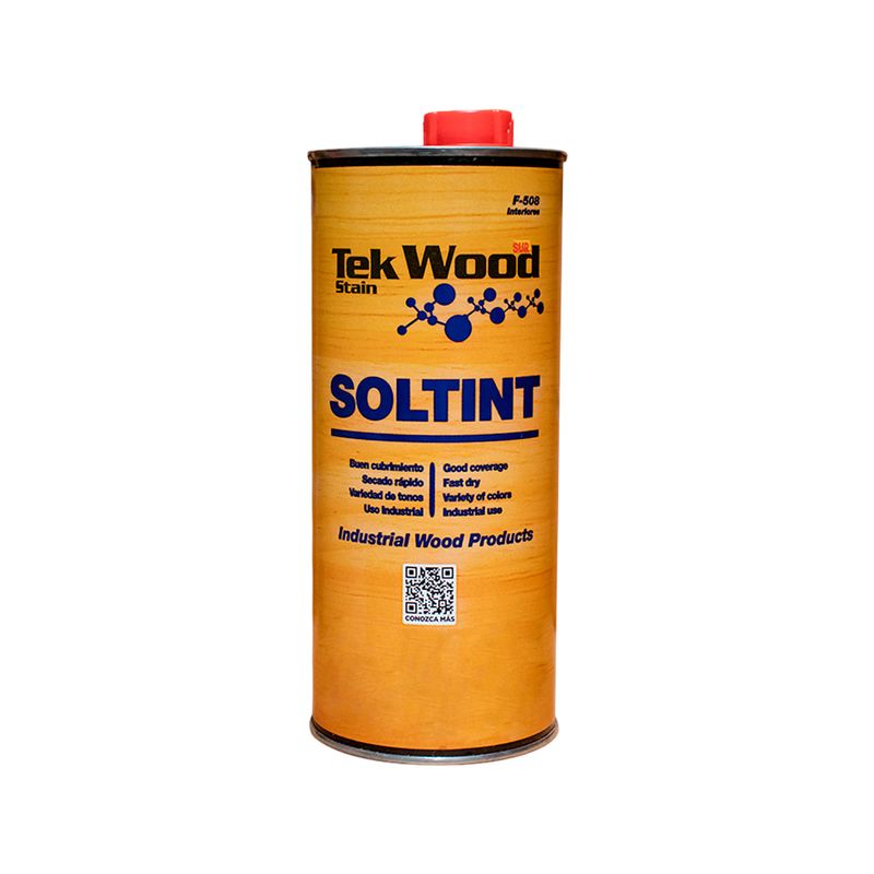 Tinte para madera interior Soltin Sur miel mate estándar, envase metálico cilíndrico con tapa roja y etiqueta amarilla