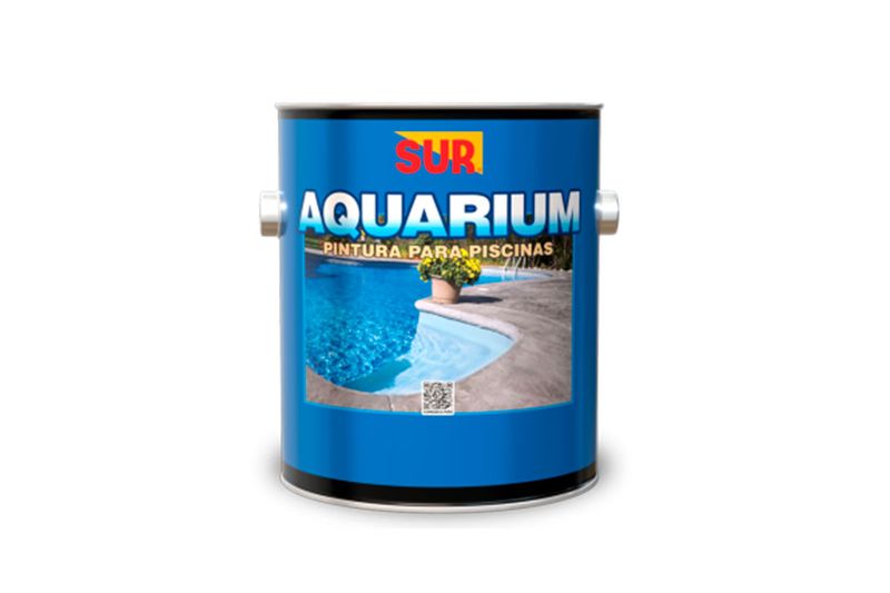 Pintura para piscina Aquarium Sur celeste mate superior, envase cilíndrico azul con etiqueta frontal e imagen de piscina